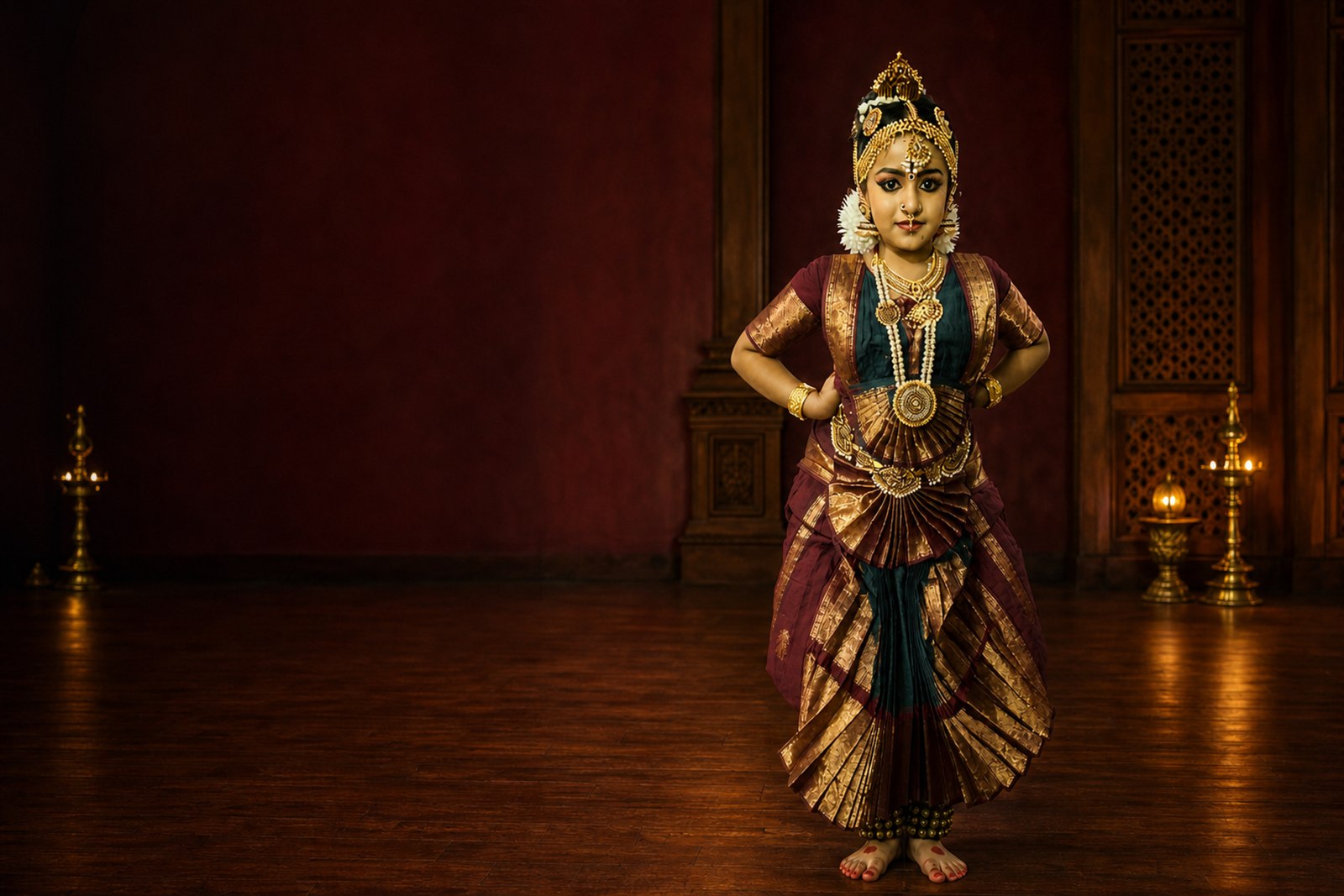 Young Bharatanatyam student in traditional maroon, teal and antique-gold costume in a classical studio